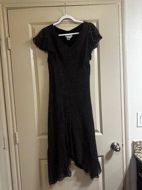 Vintage Adrianna Papell Black with White Polka Dot Asymmetrical Midi Dress